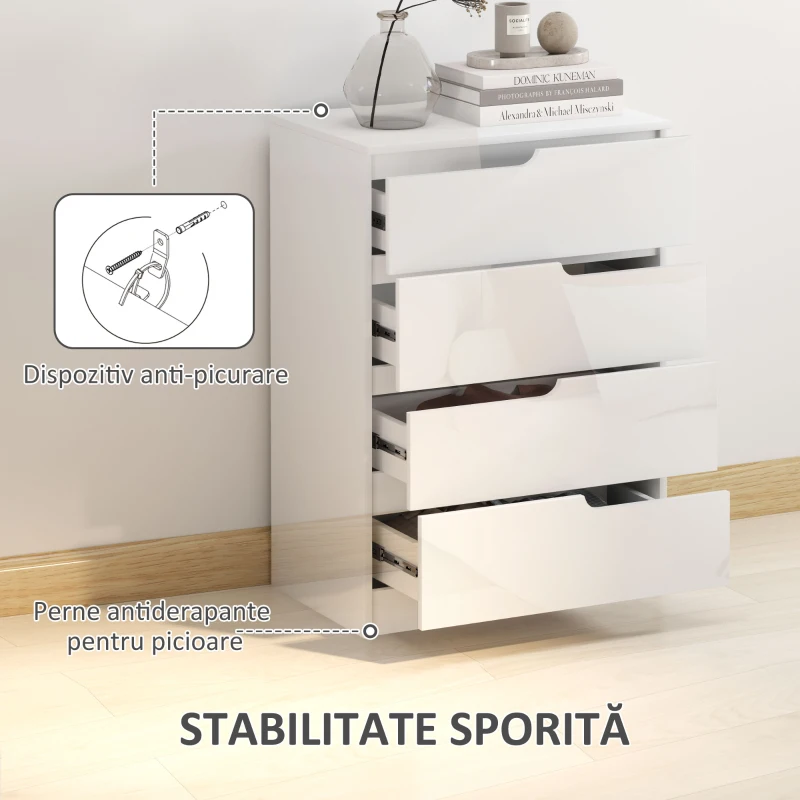 HOMCOM Comodă cu 4 Sertare Modernă și Minimalistă, Comodă din Pal Melaminat, 60x40x85 cm, Alb Lucios