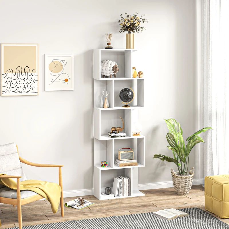 HOMCOM Raft pentru Cărți cu 5 Rafturi Separate, Bibliotecă în Formă de S din Lemn, 60x24x184,5 cm, Alb