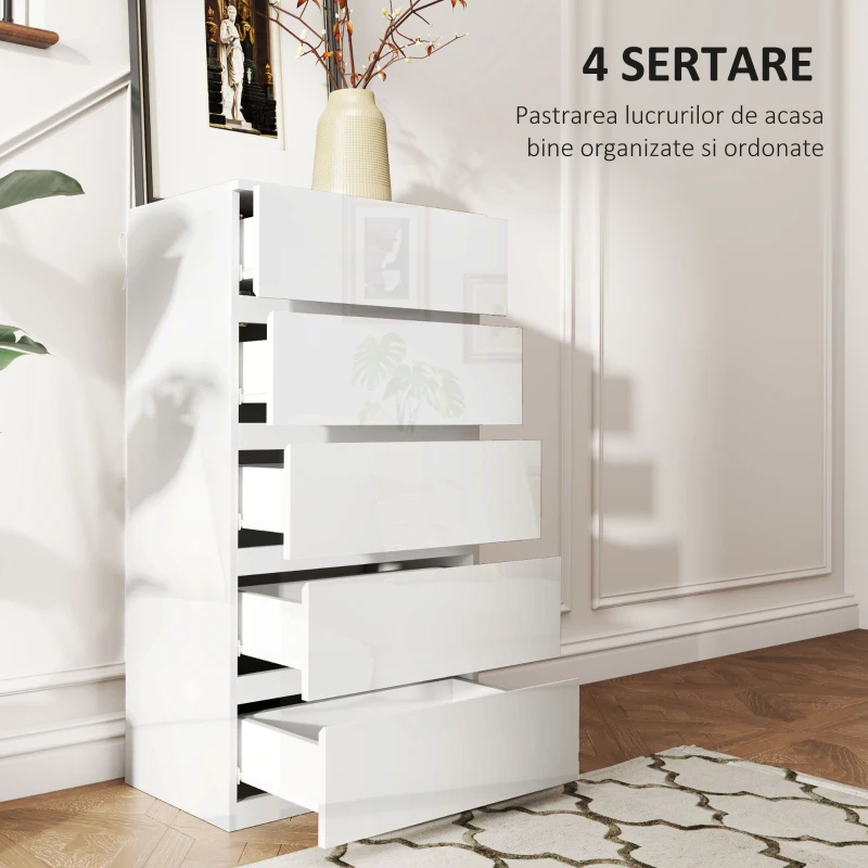 HOMCOM Comodă Modernă Anti-răsturnare, Comodă cu 5 Sertare din Pal Melaminat, 55x33x100 cm, Alb Lucios