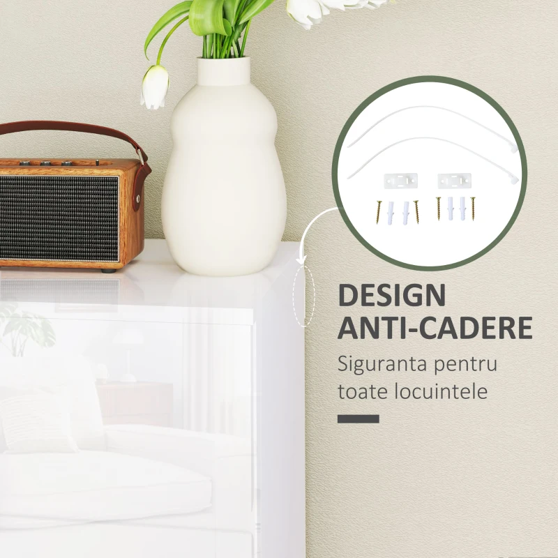 HOMCOM Comodă Modernă cu 4 Sertare Anti-Răsturnare, Comodă din Pal Melaminat, 55x33x80 cm, Alb Lucios