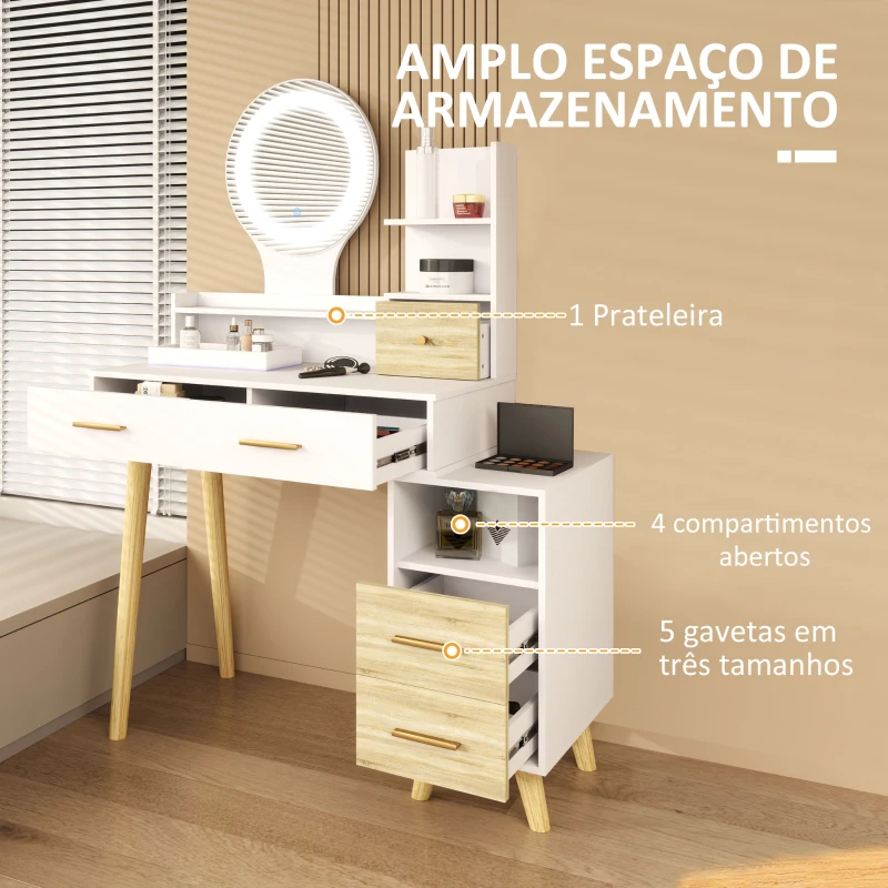 HOMCOM Toucador com Espelho e Luzes LED Ajustáveis 5 Gavetas 4 Compartimentos e 1 Prateleira 100x44x137 cm Branco e Madeira