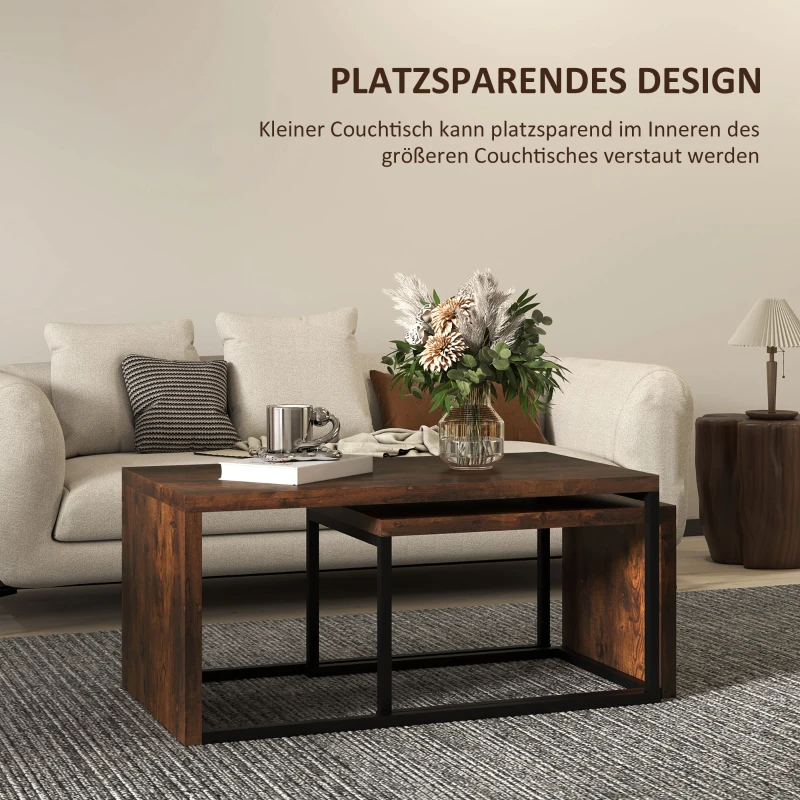 HOMCOM Set van 2 Salontafels, Sofatafel, Bijzettafel, MDF, Metaal, 90 x 48 x 42 cm / 59 x 42 x 36 cm, Zwart+Bruin