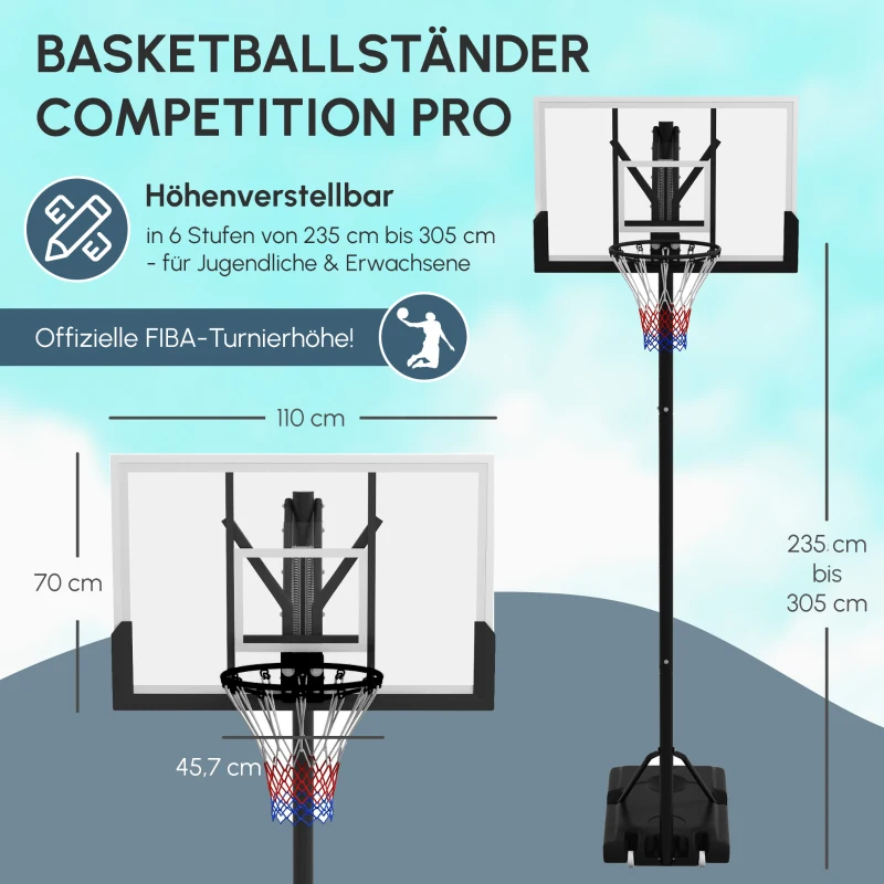 SPORTNOW Basketballständer, mobil, höhenverstellbar, bruchsichere Rückwand, 235-305 m Korbhöhe, Schwarz