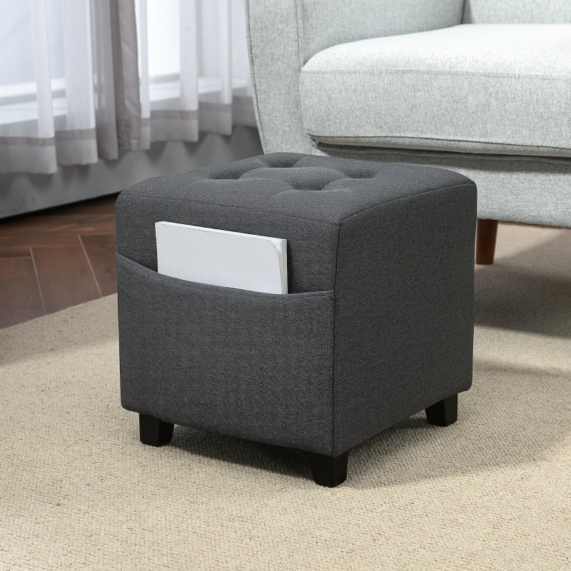 HOMCOM Square Footstool, Small Ottoman with Side Pocket, Linen Fabric Footrest Foot Stool with Rubber Wood Legs and Padded Seat for Living Room, Bedroom, Entryway, 35 x 35 x 35cm, Grey