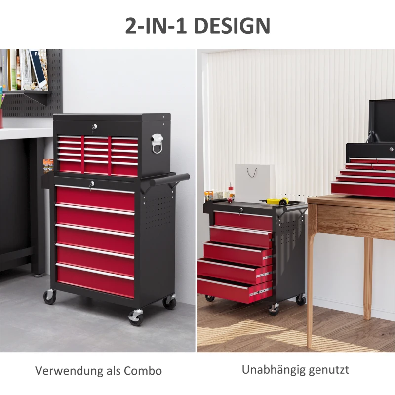 HOMCOM Gereedschapswagen, Tweedelig, Afsluitbaar, 14 Laden, Zijwand met Gaten, Staal, Rood(m-5)