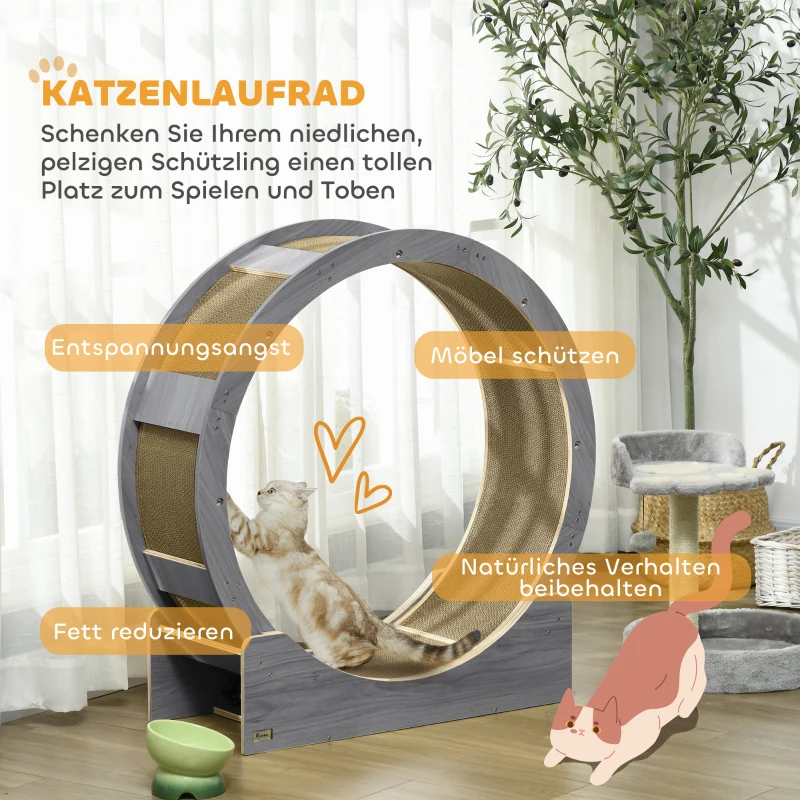 PawHut Kattenlooprad, 91 cm met Rem en Krabmat, voor Actieve en Gezonde Kattenbeweging, Grijs
