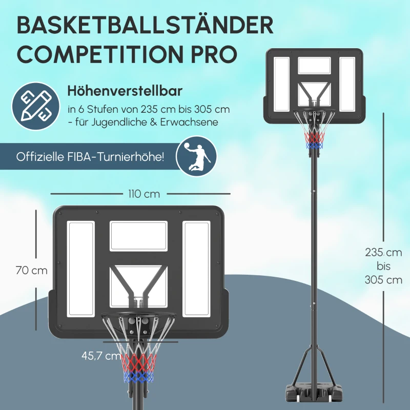 SPORTNOW Basketballständer, höhenverstellbare Korbhöhe 235-305 cm, befüllbare Basis mit Rädern, Schwarz(m-4)