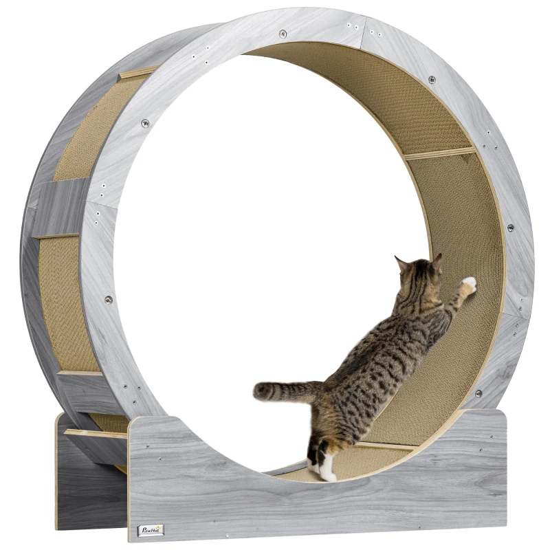 PawHut Kattenlooprad, 91 cm met Rem en Krabmat, voor Actieve en Gezonde Kattenbeweging, Grijs
