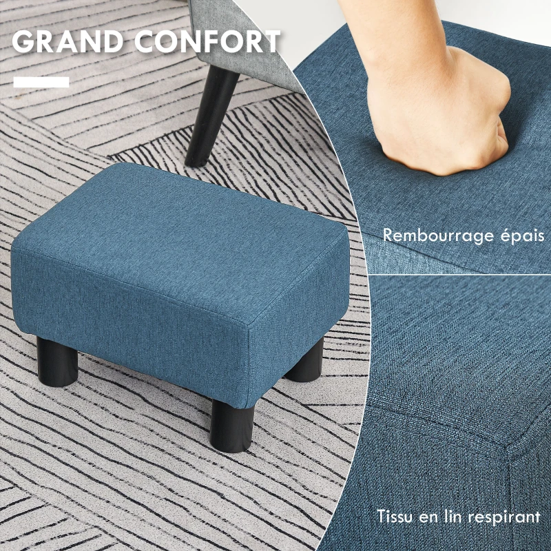 HOMCOM Pouf repose-pied tabouret bas en tissu de lin capacité de charge 110 Kg 40 x 30 x 24 cm bleu foncé