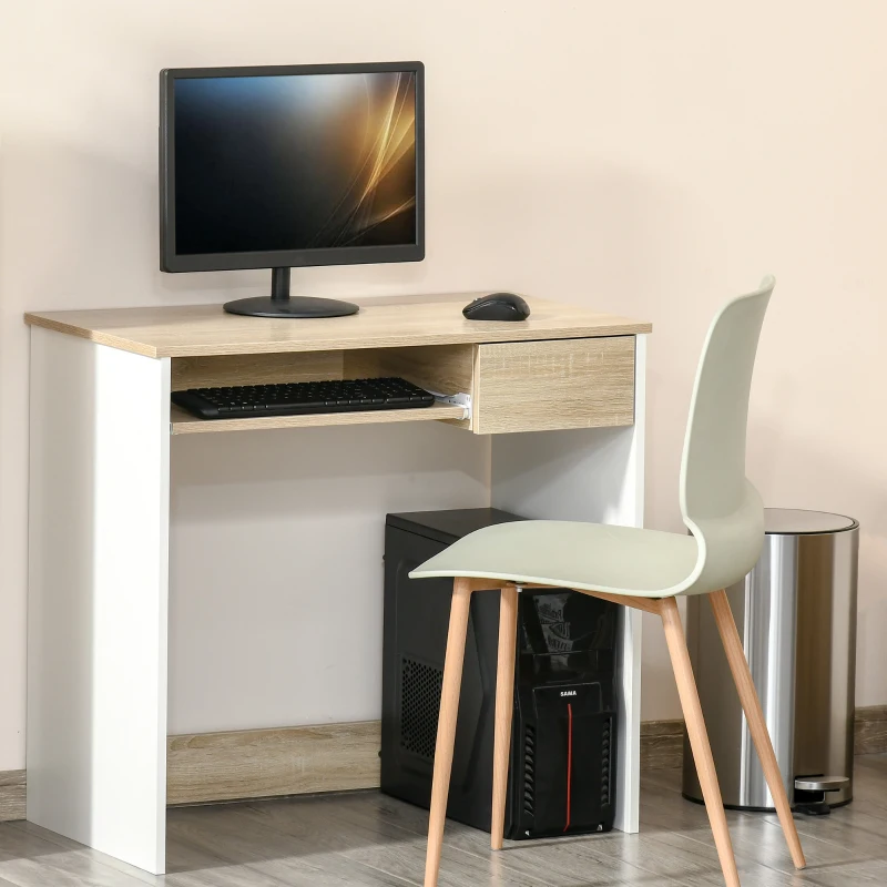 Homcom Birou PC Alb & Stejar 80×45×75 cm – Ideal Dormitor sau Acasa