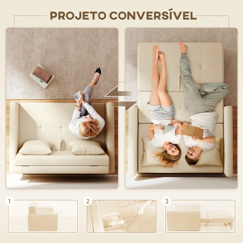 HOMCOM Sofá Cama de 2 Lugares com 2 Almofadas Apoio para os Braços e Armazenamento Sofá Duplo Moderno 152x101x81 cm Bege