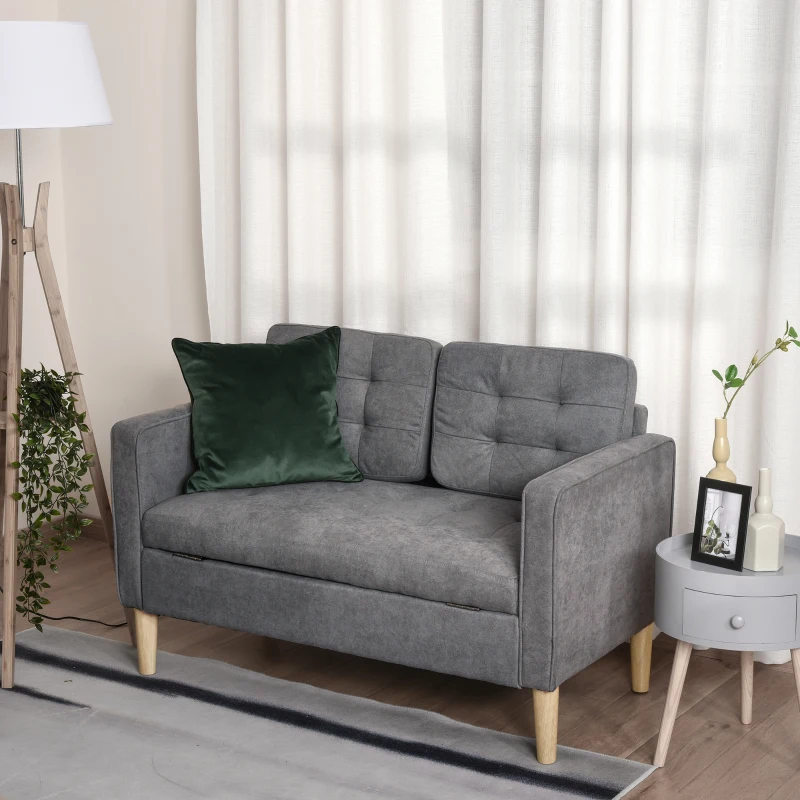 HOMCOM Modern 2-Seater  Loveseat Button-Tufted Fabric Couch with Storage Chest, Rubberwood Legs, Grey