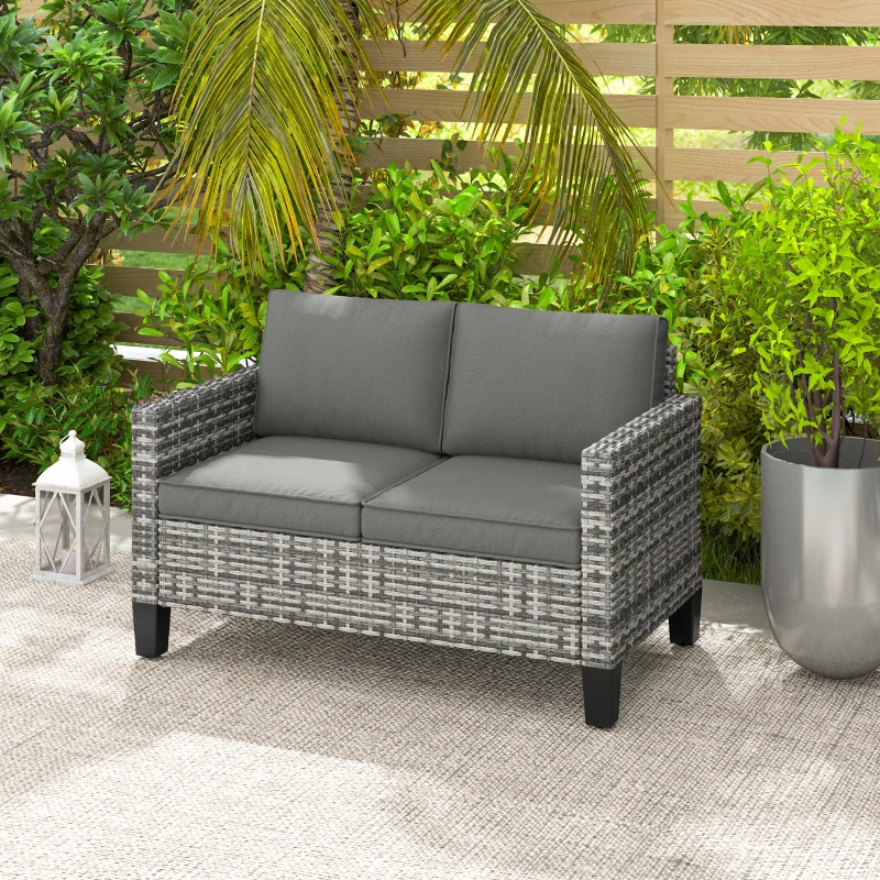 Outsunny Two-Seater Rattan Outdoor Sofa - Light Grey