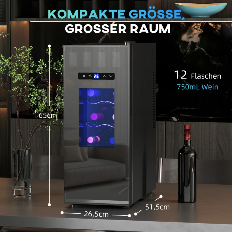 HOMCOM Wijnkoelkast voor 12 Flessen met Glazen Deur en LED-Licht, Touch-Screen, Zwart