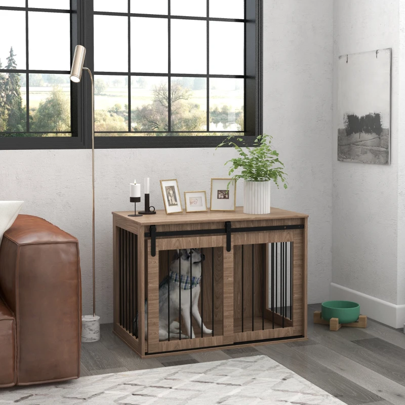 PawHut Hondenbench Hondenkooi, Afsluitbaar, Houtlook, Rustiek Ontwerp, 98 cm x 58 cm x 67 cm, Walnoot + Zwart(m-2)