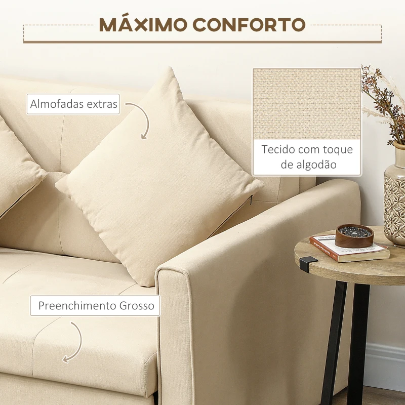 HOMCOM Sofá Cama de 2 Lugares com 2 Almofadas Apoio para os Braços e Armazenamento Sofá Duplo Moderno 152x101x81 cm Bege