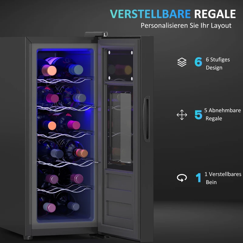 HOMCOM Wijnkoelkast voor 12 Flessen met Glazen Deur en LED-Licht, Touch-Screen, Zwart