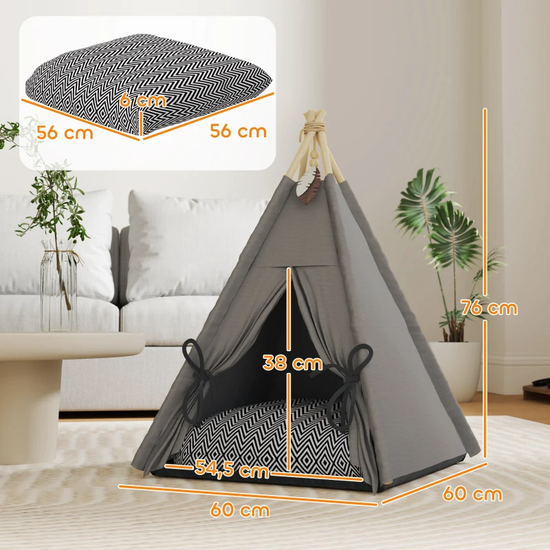 PawHut Tipi Tent voor Huisdieren, Huisdierbed in Tipi-stijl, Kattenzelt met Kussen, Hondenbed om te Slapen, Kattenbed, Grijs