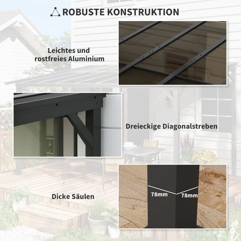 Outsunny 3 x 3 m Metallpergola, Gartenpergola mit wasserfestem Dach, freistehend, windfest, UV-beständig, Dunkelgrau(m-7)