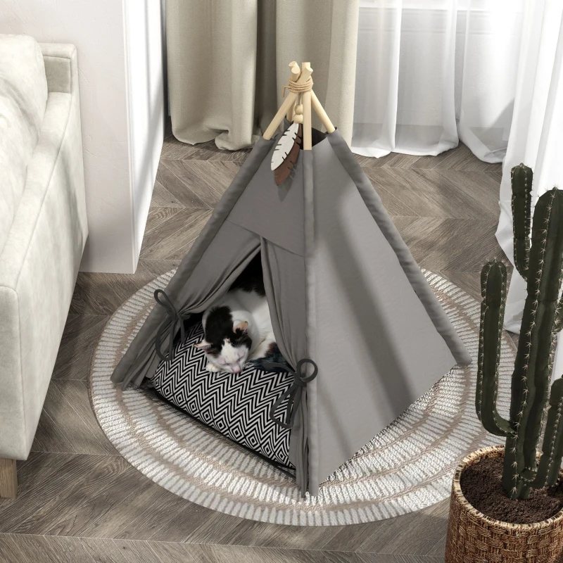 PawHut Tipi Tent voor Huisdieren, Huisdierbed in Tipi-stijl, Kattenzelt met Kussen, Hondenbed om te Slapen, Kattenbed, Grijs