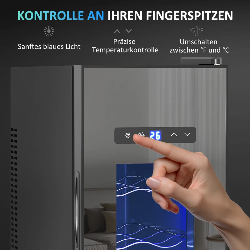 HOMCOM Wijnkoelkast voor 12 Flessen met Glazen Deur en LED-Licht, Touch-Screen, Zwart