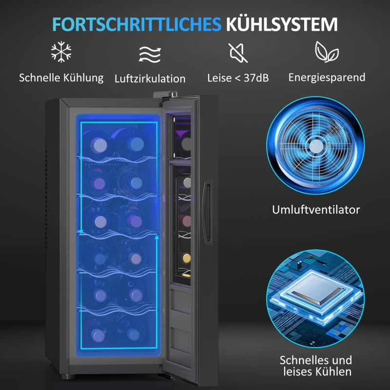 HOMCOM Wijnkoelkast voor 12 Flessen met Glazen Deur en LED-Licht, Touch-Screen, Zwart