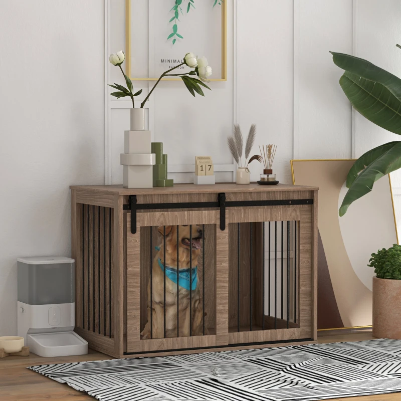 PawHut Hondenbench Hondenkooi, Afsluitbaar, Houtlook, Rustiek Ontwerp, 98 cm x 58 cm x 67 cm, Walnoot + Zwart(m-9)