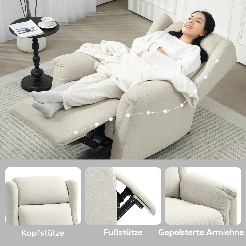 HOMCOM Relaxfauteuil, Verstelbare Gestoffeerde Fauteuil met Voetensteun, 160° Kantelbaar, Linnenlook, Snelle Montage, Beige