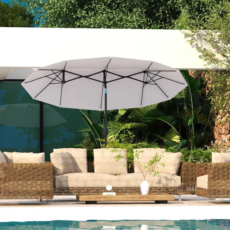Outsunny Umbrela de soare de gradina basculabila dubla cu deschidere cu manivela, copertina cu orificii cu ventilatie si 12 nervuri, 295x152x222cm, alb