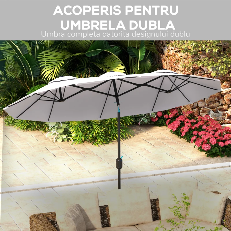 Outsunny Umbrela de soare de gradina basculabila dubla cu deschidere cu manivela, copertina cu orificii cu ventilatie si 12 nervuri, 295x152x222cm, alb