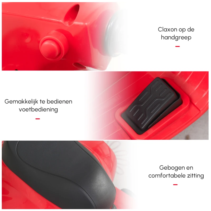 HOMCOM VESPA elektrische motorfiets kindermotorfiets elektrisch voertuig 18-36 maanden 3 km/h LED-licht geluid PP- kunststof metaal rood 66,5 x 38 x 52 cm(m-7)