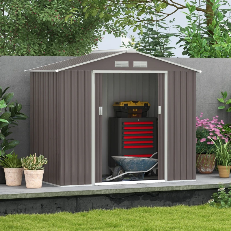 Outsunny 7ft x 4ft Lockable Polypropylene Garden Storage Shed Storage w/ Air Vents Steel Grey(m-10)