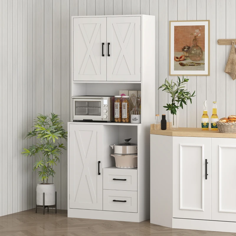 HOMCOM Armário de Cozinha Rústico Armário Alto de Cozinha com Portas Compartimentos Abertos Gavetas e Prateleiras Ajustáveis Anti-Tombo para Sala de Jantar 70x40x180 cm Branco
