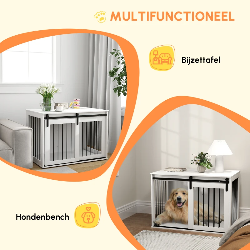 PawHut Hondenkooi met Schuifdeur, Ventilatie, Spaanplaat en Staal, 98 x 58 x 61 cm, Wit(m-6)