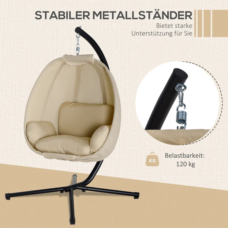 Outsunny Hängesessel, Eiförmiger Schaukelsitz mit weichem Kissen, für drinnen und draußen geeignet, 125L x 95B x 170H cm, Khaki