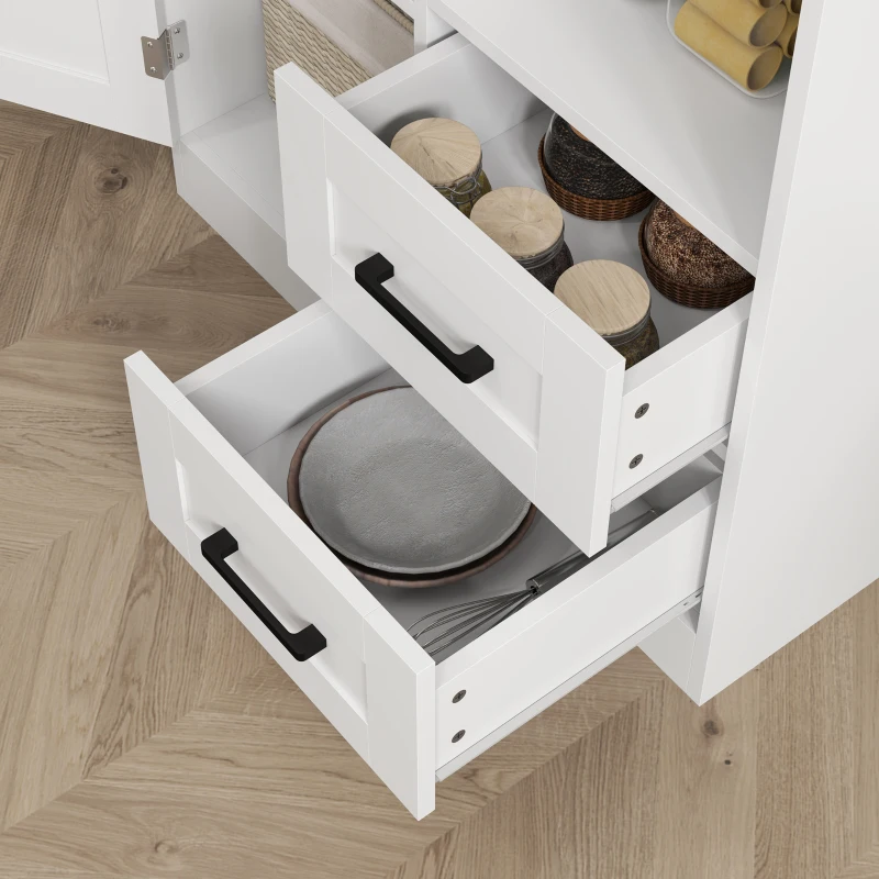 HOMCOM Armário de Cozinha Rústico Armário Alto de Cozinha com Portas Compartimentos Abertos Gavetas e Prateleiras Ajustáveis Anti-Tombo para Sala de Jantar 70x40x180 cm Branco