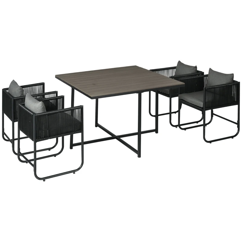Outsunny Set de Gradina 5 Bucati din Ratan PE si Otel, 4 Scaune de Exterior cu Perne Capitonate si Masa Dreptunghiulara cu Blat din Plastic, Negru si Gri