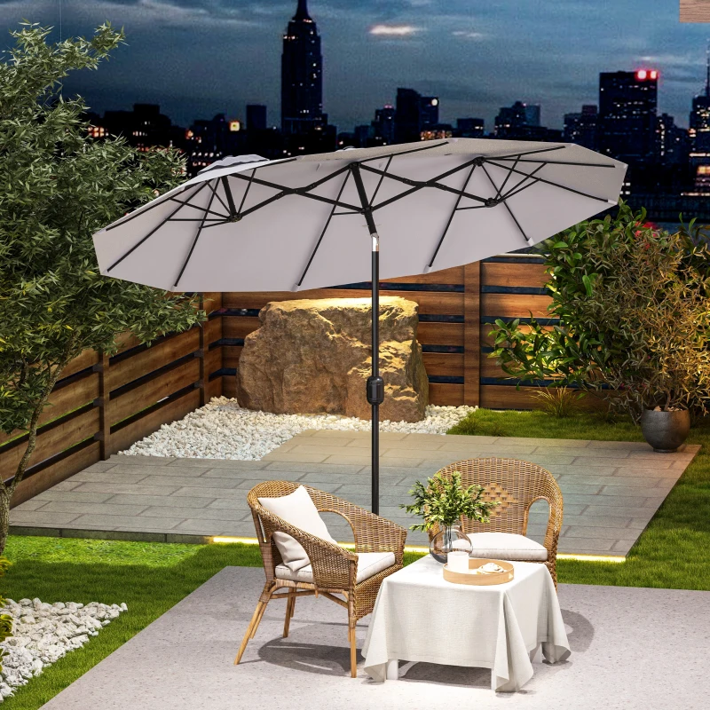 Outsunny Umbrela de soare de gradina basculabila dubla cu deschidere cu manivela, copertina cu orificii cu ventilatie si 12 nervuri, 295x152x222cm, alb