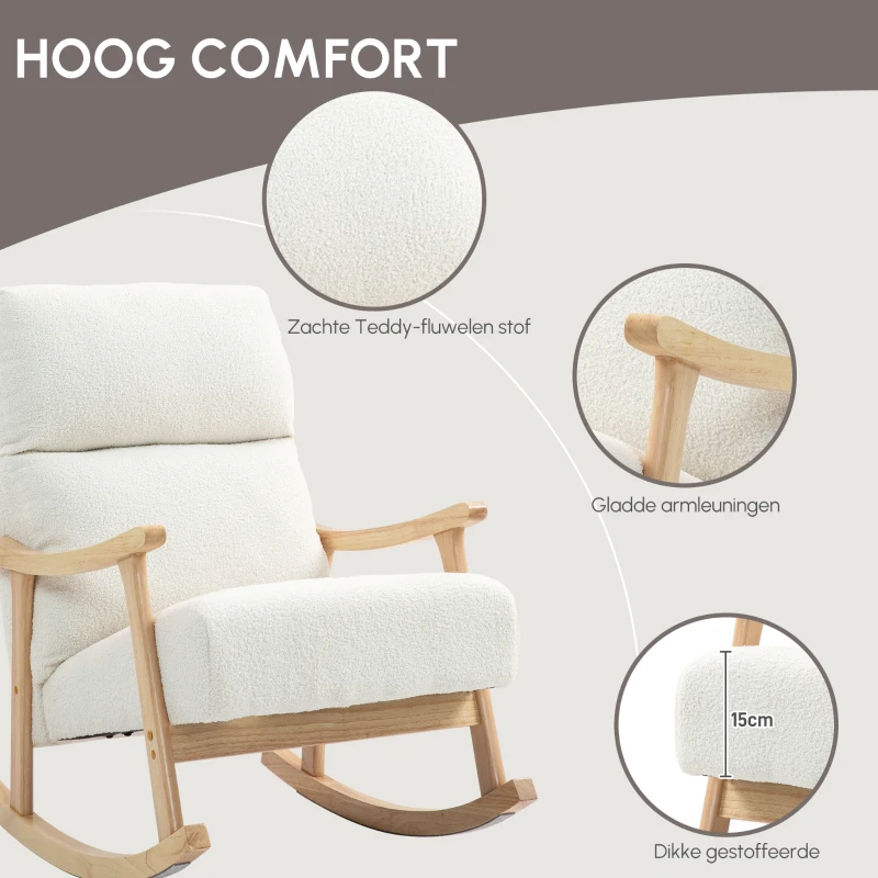 HOMCOM Schommelstoel met Fluweelachtige Bekleding, Ergonomische Rugleuning, Belastbaar tot 120 kg, 65B x 90T x 98H cm, Roomwit(m-6)