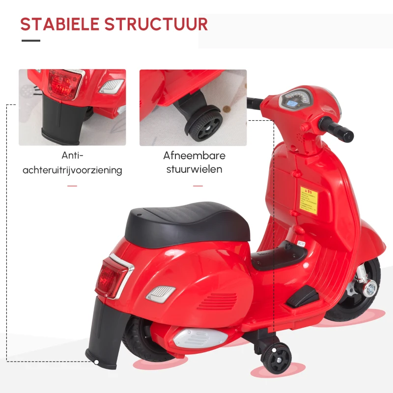 HOMCOM VESPA elektrische motorfiets kindermotorfiets elektrisch voertuig 18-36 maanden 3 km/h LED-licht geluid PP- kunststof metaal rood 66,5 x 38 x 52 cm(m-6)