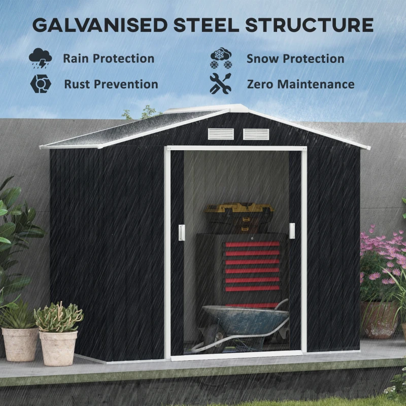 Outsunny 7ft x 4ft Lockable Garden Shed Large Patio Roofed Tool Metal Storage Building Foundation Sheds Box Outdoor Furniture, Dark Grey(m-5)