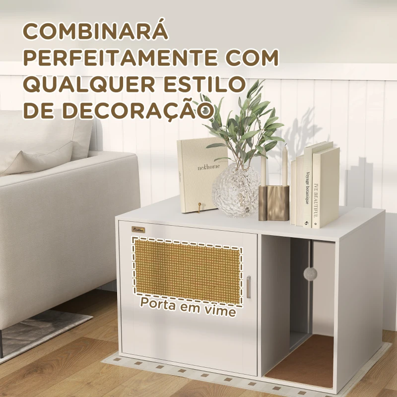 PawHut Móvel Caixa de Areia para Gatos Caixa de Areia para Gatos com Tapete de Arranhar e Porta de Vime 80x50x50 cm Branco