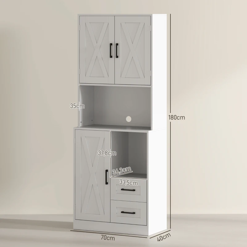HOMCOM Armário de Cozinha Rústico Armário Alto de Cozinha com Portas Compartimentos Abertos Gavetas e Prateleiras Ajustáveis Anti-Tombo para Sala de Jantar 70x40x180 cm Branco