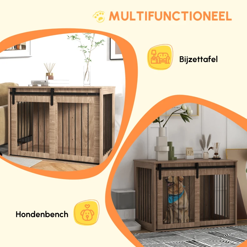 PawHut Hondenbench Hondenkooi, Afsluitbaar, Houtlook, Rustiek Ontwerp, 98 cm x 58 cm x 67 cm, Walnoot + Zwart(m-6)