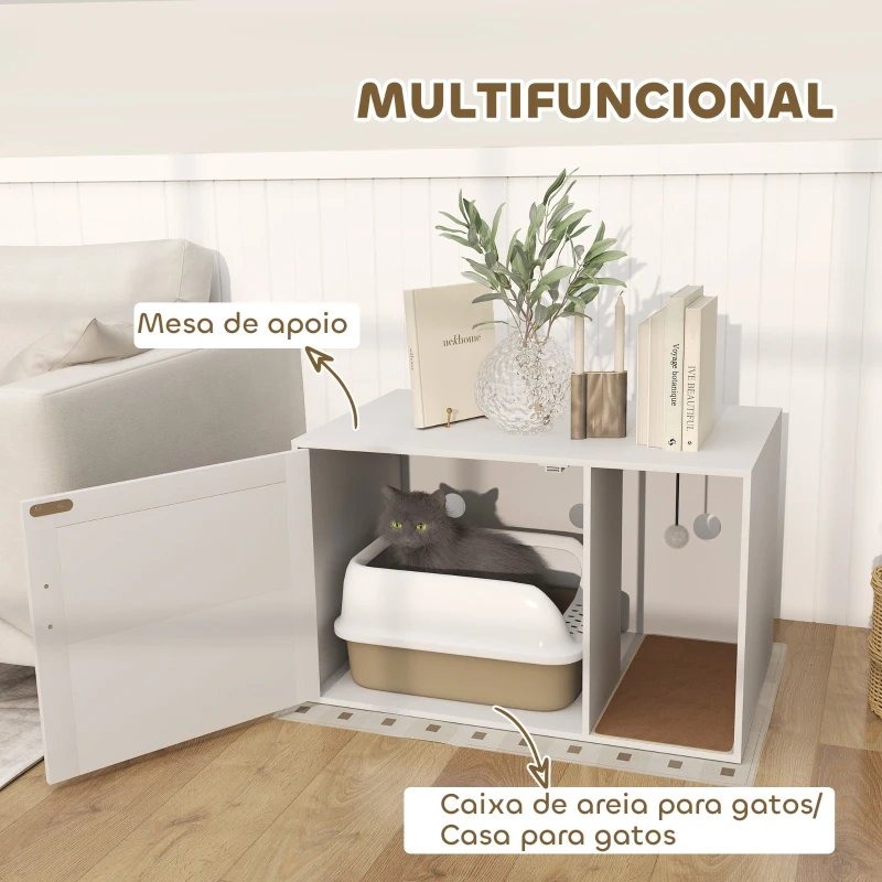 PawHut Móvel Caixa de Areia para Gatos Caixa de Areia para Gatos com Tapete de Arranhar e Porta de Vime 80x50x50 cm Branco