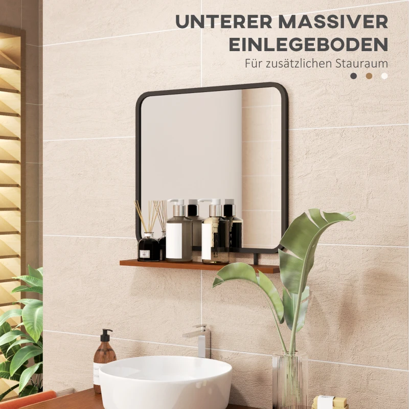 HOMCOM Lustro ścienne z półką, design vintage, metalowa rama, drewno paulowni, 55 x 55,5 cm, Czarne/Drewno