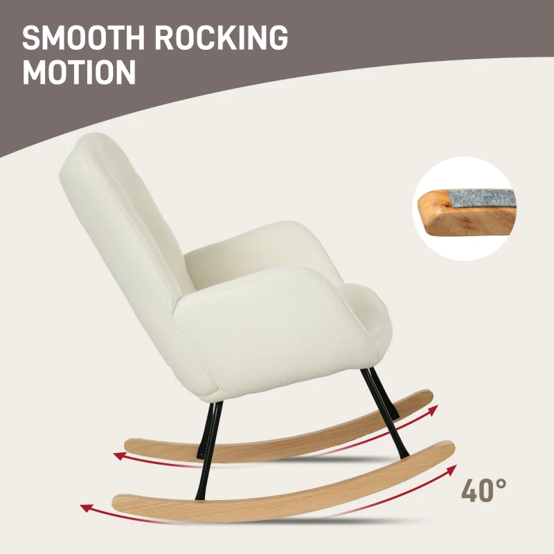HOMCOM Schommelstoel in Berbervlies Look met Armleuningen, Ergonomische Stoel met Houten Glijders, voor Woonkamer, Slaapkamer, Wit(m-4)