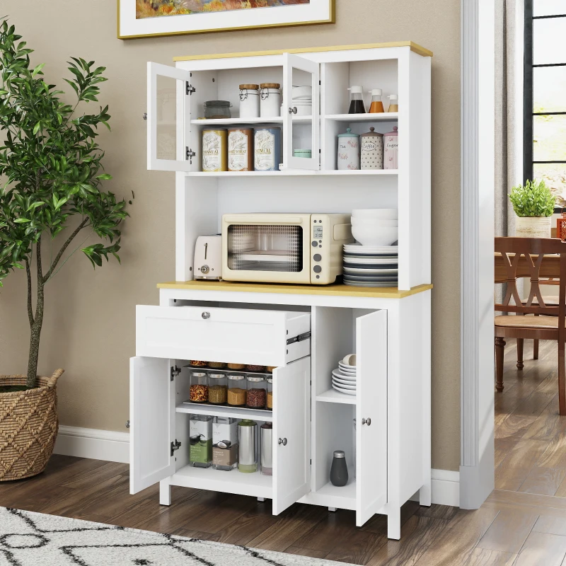 HOMCOM Armário de Cozinha com 5 Portas Prateleiras Ajustáveis Gaveta e Bancada para Micro-Ondas 100x40x180 cm Branco e Madeira