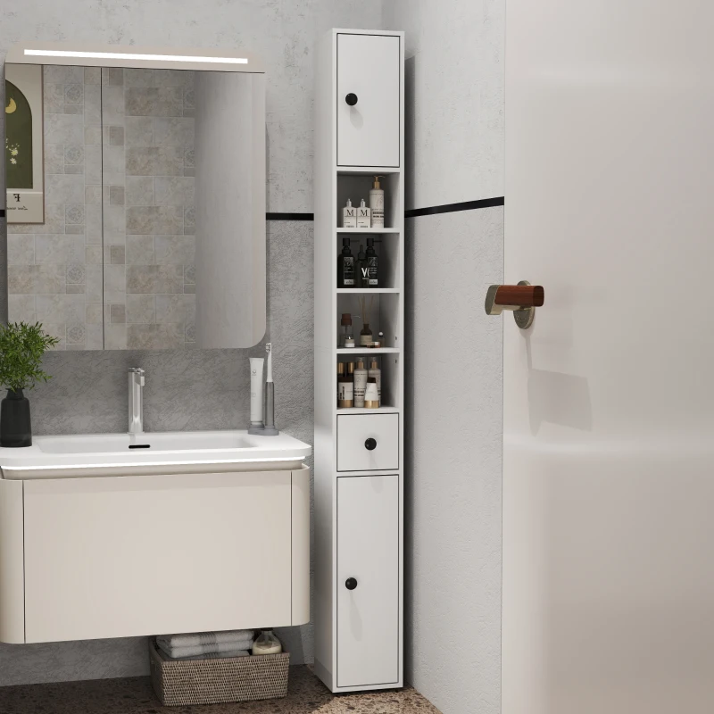kleankin Coluna Casa de Banho Moderna com 1 Gaveta 5 Prateleiras Ajustáveis e 2 Armários 20x20x180 cm Branco