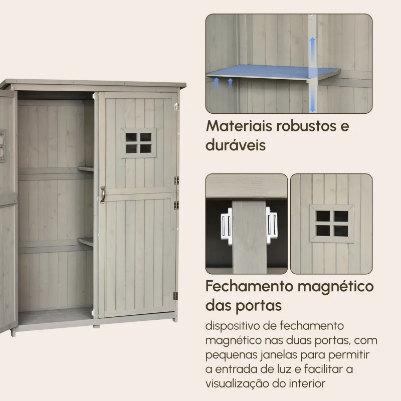 Outsunny Abrigo de Jardim para Ferramentas Armário de Madeira para Exterior com Prateleira Dupla Porta Janelas e Teto Asfáltico 127,5x50x164cm Cinza